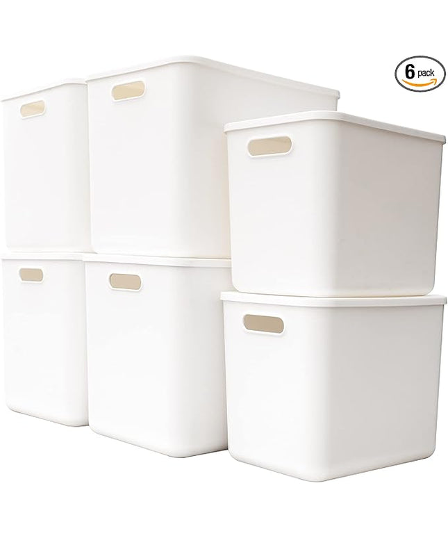 Plastic Storage Baskets Bins Boxes With Lids,Organizing Container White Storage Organizer Bins For Shelves Drawers Desktop Playroom Classroom Office,6-Pack(4XL+2L)