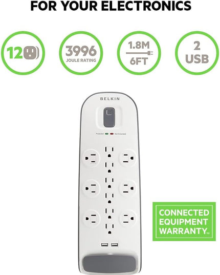 Belkin 12-Outlet USB Power Strip Surge Protector, Flat Plug, 6ft Cord (3,996 Joules), White - Pack of 3