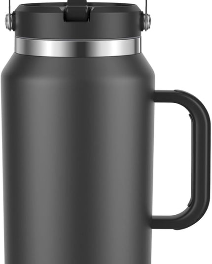 64oz Insulated Water Bottle with Flip Straw Lid - Leak-Proof, Sweat-Free, Top and Easy-Grip Side Handle, Silicone-Wrapped for Comfort, Iced for 34 Hours, Wide Mouth, BPA-Free, Anti-Slip Base