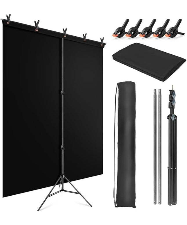 Black Backdrop Background with Stand for Photoshoot, 5x6.5ft Black Photo Backdrop Curtain Cloth with Background Support Stand, 5 Spring Clamps& Carrying Bag for Party Photography Video Studio