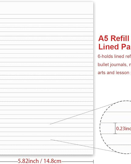 A5 Lined Paper Refill, 100 Sheets/200 Pages Refill Paper for Large Leather Journal/Filofax Binders, 6 Holes Punched, 100gsm Ruled White Filler Paper, 5.8'' x 8.2''