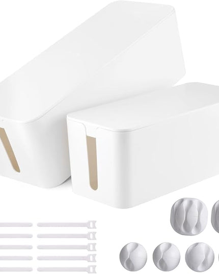 Cable Management Box, 2 Pack Large & Medium Cable Organizer Box with 17 PCS Cable Management Set, Cord Organizer Box to Hide Surge Protector on Desk or Floor (White)