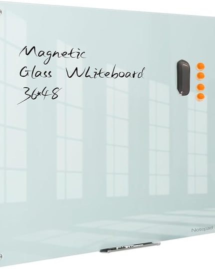Magnetic Dry Erase Board - Frameless Glass White Board 48 x 36 Inches, Wall Mounted for Office, Home & School