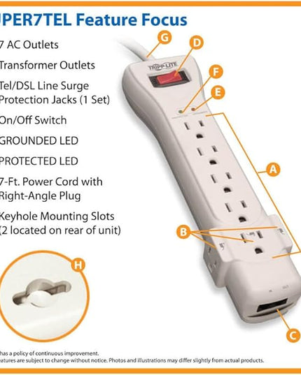 Tripp Lite 7 Outlet Surge Protector Power Strip, 7ft, Right-Angle Plug, Fax/Modem Protection, RJ11, $75,000 Insurance (SUPER7TEL), Gray, 10.3" x 2.8" x 1.5"