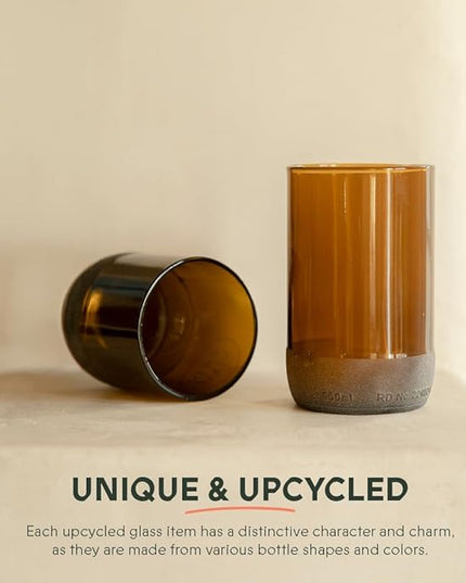 IWAS Upcycled Tall Auburn Drinking Glasses | 350 ML | 12 OZ | Set of 6 | Sustainable Water and Juice Glass For Home | Light Brown Cup | Thick High Ball Modern Amber Glassware | Better Than Recycled