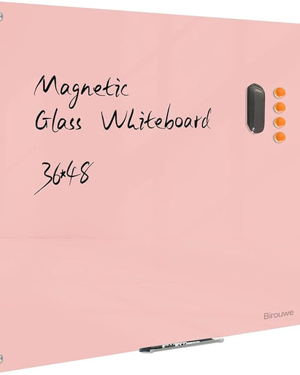 Magnetic Glass Dry Erase Board - White Board 48 x 36 Inch Wall Mounted Glass Whiteboard, Large Frameless Glass White Board for Wall Office, Home & School, Pink