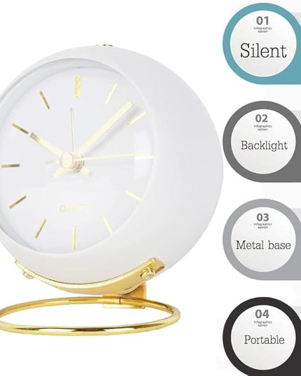 SHISEDECO Small Tableclocks Classic Non-Ticking Tabletop Alarm Clock with Night Light, Battery Operated Deskclock with HD Glass for Living Room Bedroom Bedside Indoor Decor (RN-White)