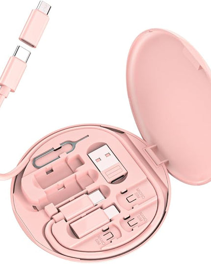 Multi USB C Adapter Kit, Charging Cable Case USB C to Type C/Micro/USB A Converter Contains Card Storage,Phone Holder, Tray Eject Pin for Traveling(Pink)