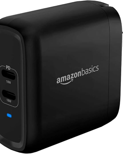 Amazon Basics 36W Dual Port USB-C Wall Charger with Power Delivery, Foldable Plug, for Tablets & Phones (iPhone 15/14/13/12/11/X, iPad, Samsung, and More), Non-PPS, 2.34 x 2.21 x 1.09 inches, Black