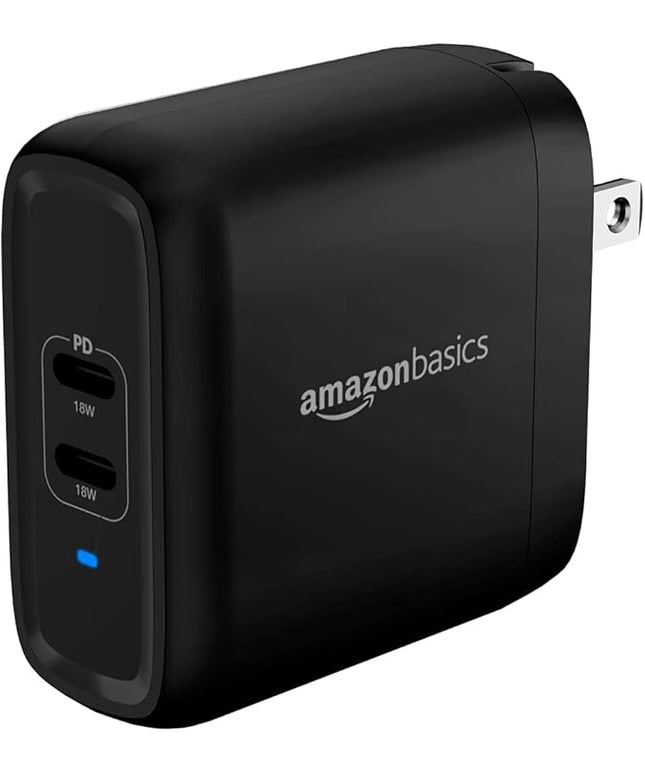 Amazon Basics 36W Dual Port USB-C Wall Charger with Power Delivery, Foldable Plug, for Tablets & Phones (iPhone 15/14/13/12/11/X, iPad, Samsung, and More), Non-PPS, 2.34 x 2.21 x 1.09 inches, Black
