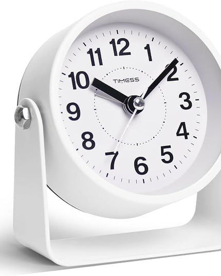 TIMESS Analog Alarm Clock, Silent Non-Ticking Quartz Movement, Battery-Operated with Snooze & On-Demand Light, Easy to Set Gentle Wake Bedside Desk Clock, Ideal for Home, Travel, Office (White)