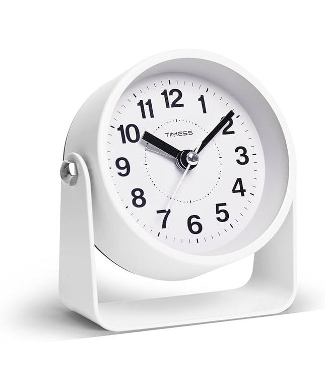 TIMESS Analog Alarm Clock, Silent Non-Ticking Quartz Movement, Battery-Operated with Snooze & On-Demand Light, Easy to Set Gentle Wake Bedside Desk Clock, Ideal for Home, Travel, Office (White)