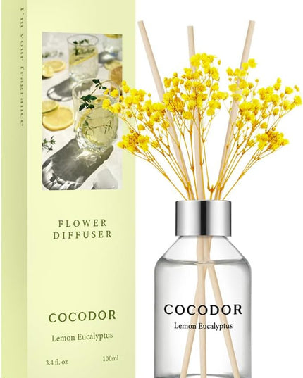 COCODOR Flower Reed Diffuser Set / 3.4oz / Lemon Eucalyptus/Scent Diffuser with Sticks Home Fragrance Reed Diffuser for Bathroom Shelf Decor