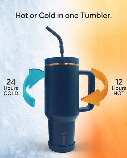 40oz Travel Tumbler Cup with Handle, Two-Way Slider Lid, Stainless Steel Straw with Silicone Tip, Vacuum Insulated Water Bottle for Hot & Cold Drinks, Great Gifts for Mom (Blue Gold)