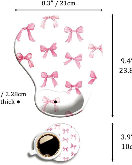 Ergonomic Mouse Pad with Wrist Support,Cute Mouse Pad with Wrist Rest and Coaster Set,Office Supplies Non-Slip Mouse Pads for Desk, Non-Slip Comfortable,Pink Bow