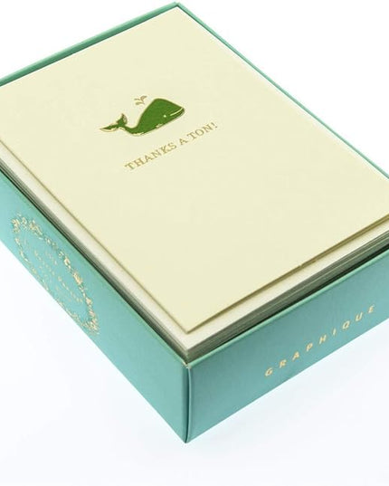 Graphique Whale La Petite Presse Boxed Notecards - 10 Elegant Embossed Green Whale Thanks a Ton! Thank You Cards with Matching Envelopes, 3.25" x 4.75"