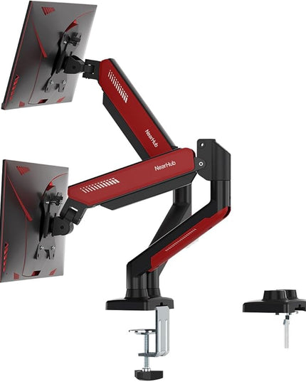 Dual Monitor Mount Gaming for Computer Screen 13-32" and up to 22 lbs,360° Rotation,+90° to -45° Tilt,180° Swivel,with C Clamp and Grommet Base,Integrated Cable Management,75x75/100x100 VESA,RED
