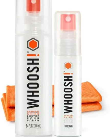 WHOOSH! Screen Shine Duo XL - Screen Cleaner Spray and Wipe for Eyeglasses, Phone & Laptop - Removes Fingerprints - Includes 3.4 oz + 1 oz Leak-Free Bottles & 2 Microfiber Cloths for Home & Travel