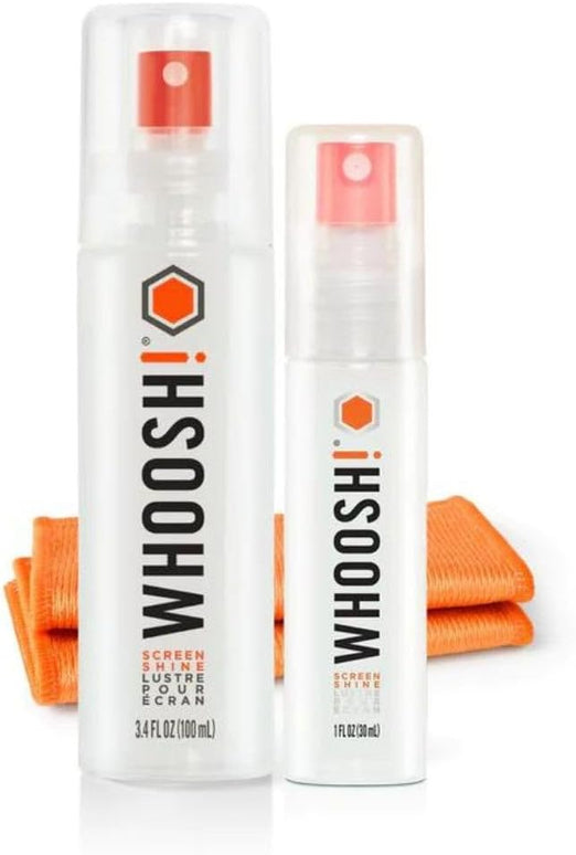 WHOOSH! Screen Shine Duo XL - Screen Cleaner Spray and Wipe for Eyeglasses, Phone & Laptop - Removes Fingerprints - Includes 3.4 oz + 1 oz Leak-Free Bottles & 2 Microfiber Cloths for Home & Travel