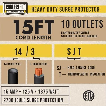 10 Outlet Heavy Duty Surge Protector Power Strip - Industrial Black and Yellow Metal Surge Protector with 15 Foot Extension Cord | Cablectric is an American Owned Brand