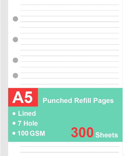 7-Hole Lined Refills Paper, A5 Filler Paper for Planner Inserts, A5 Loose Leaf Paper, 7 Hole Refills, Total 300 Sheets/600 Pages, College Ruled, 5.5 X 8.5 Inch (White Paper, 300 Sheets)
