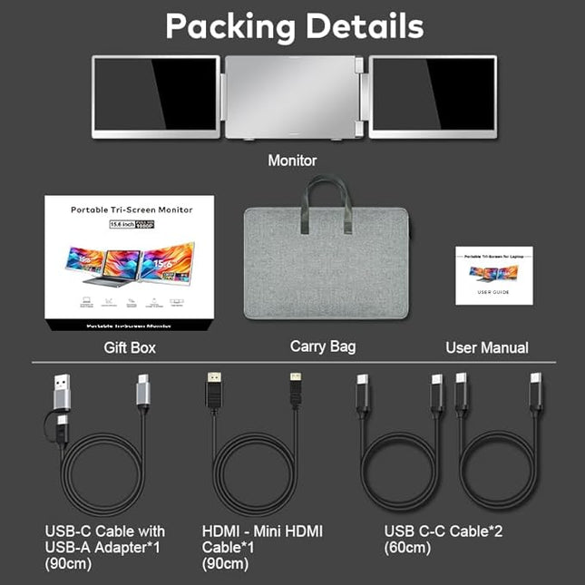 15.6" Laptop Screen Extender for Triple Display - FHD 1080P Portable Monitor For Laptop - Compatible with MacOS/Windows/Android - USB C Detachable Plug & Play Extended Screen for 12-17" Laptops