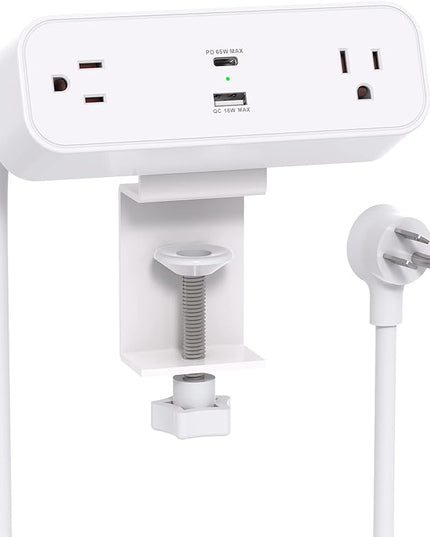 Desk Clamp Power Strip, 65W 10ft Extension Cord- 2 Outlets Desktop Power Strip with USB C 65W, USB A(QC 18W) Desktop Desk Clamp Power Station for Office, Home