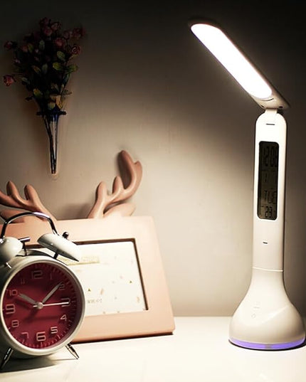 IHAO 7-Color Gradient Ambient Desk Lamp with LED Display Eye-Caring LED Table Lamp with Calendar, Temperature Display, Multi-Angle Adjustable Modern Office Lamp for Home & Office T19A White