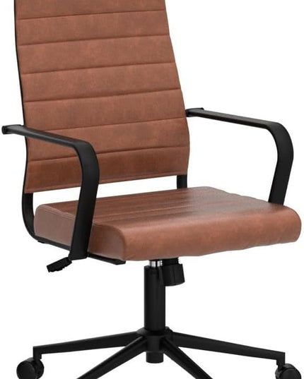 Okeysen Leather Office Desk Chair, Mid-Century Modern Leather Conference Room Chairs, Ergonomic Executive Ribbed Height Adjustable Swivel Rolling Chair for Home Office.