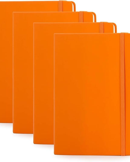 Simply Genius A5 Dotted Hardcover Notebook - Compact Travel Journal - Durable Hardcover Journal with Flat-Lay Binding - Gusseted Pocket & Elastic Band Notebook Set - 4-Pack, 192 pg, 5.7x8.4 in, Orange