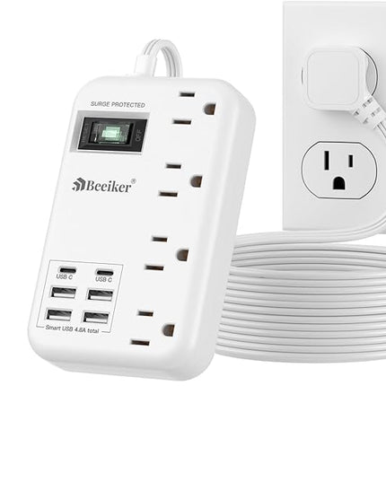 6 USB(2 USB C) Surge Protector Power Strip- 10 Ft Extension Cord with 24W USB Charging Station and 4 Outlets, Long Flat Extension Cord with Multiple Outlets for Travel Home Office Dorm White