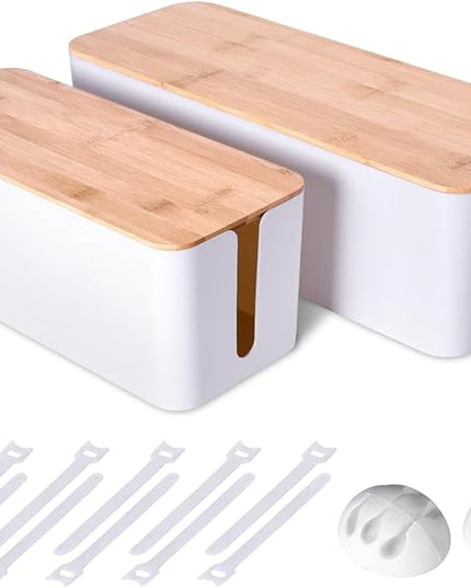 2 Pack Large Cable Management Box – Wooden Style Cord Organizer and Cover for TV Wires, Computer, Router, USB Hub and Under Desk Power Strip – Safe ABS Material and Baby-Pets Proof Lock (White)
