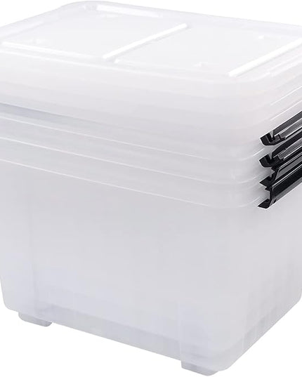 4 Packs 30 L Stackable Plastic Storage Bins with Lids and Wheels, Latching Clear Storage Container Box
