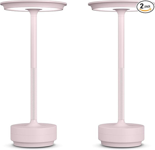 2 Pack Rechargeable Cordless Table Lamps, Portable 5000mAh LED Table Light, 3 Color Stepless Dimming Battery Powered Metal Table Lamp for Outdoo/Restaurant/Home/Patio.(Light Pink)