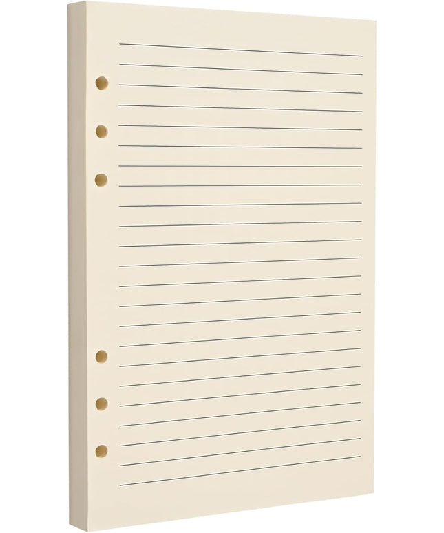 A5 6-Hole Lined Loose-Leaf Paper, Beige – Refill Pages for Standard A5 6-Ring Binder, Journals, Planners – Writes both sides–No bleed-through – 80 Sheets