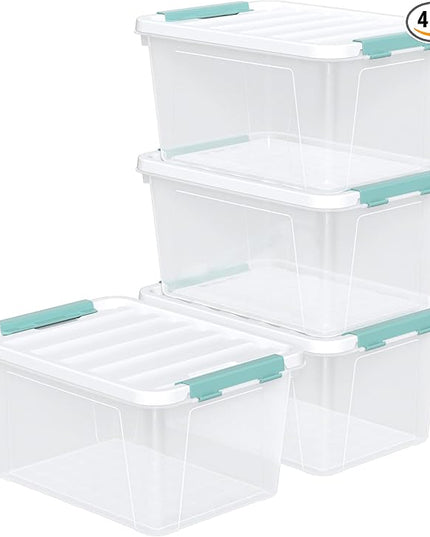 20 Quart Clear Storage Box, Plastic Latching Bins with Lids, 4 Pack