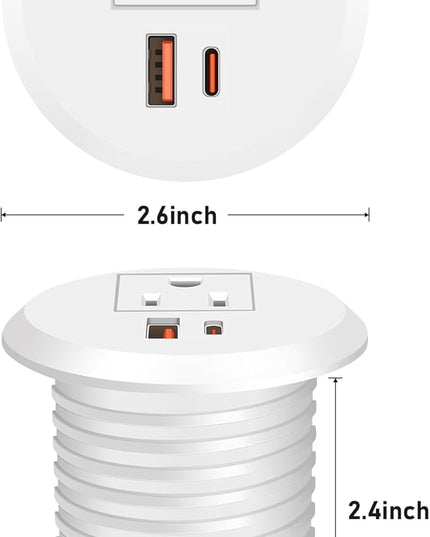 Desktop Power Grommet 2 Inch Hole, PD 30W USB C Fast Charging Station, Recessed Outlet, Ultra Thin Flat Plug Power Strip, Slim Extender, Table Outlets for Home, Office, 6ft Cord, White