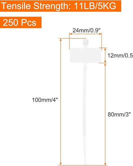 MECCANIXITY 250pcs Marker Cable Zip Ties, 4 Inch Self-Locking Nylon Labels Zip Tie Wraps, Wire Tags Ties Straps for Indoor and Outdoor, 1/8", White