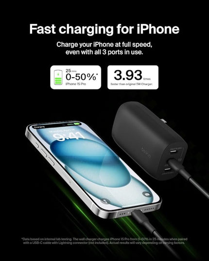 Belkin 3-Port USB C Charger Block w/PPS 67W, USB-C PD 3.1 Super Fast Charging - Samsung Galaxy S25, Apple iPhone 17, Air, Pro, Pro Max, MacBook, AirPods, Apple Watch, Nintendo Switch 2, etc. - Black