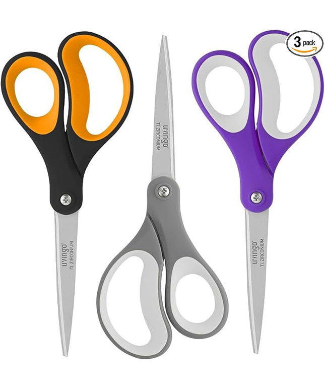 LIVINGO Scissors All Purpose, Student School Scissors, Sharp Titanium Coated Stainless Steel Shears for High Middle School Teacher Crafting, Office Home Sewing Cutting Fabric, 8 inch 3 Pack