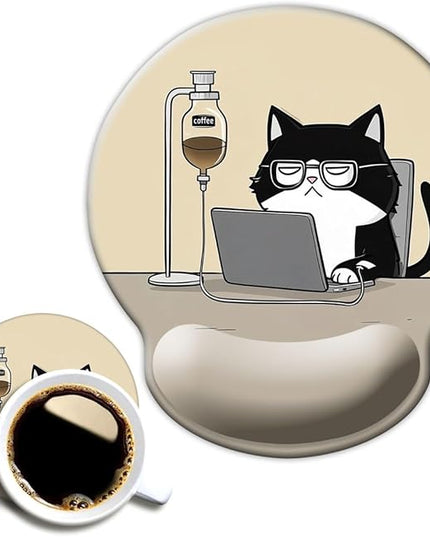 Ergonomic Mouse Pad with Wrist Support,Mouse Pad with Wrist Rest,Relieve Wrist Pain Mousepad Non-Slip Rubber Base,Mouse Pads for Desk,Computers,Laptop,Office,Home,Accessories Cute Coffee Cat