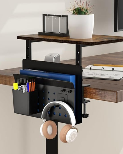 Desk Extender, Clamp On Desk Shelf Organizer, with Side Storage Steel Frame & 15 inch Wood Desktop Supplies Rack Clamp Mount Table Hanging Storage for Home Office Fits Flat Edge Tables 0.3" to 2.3"