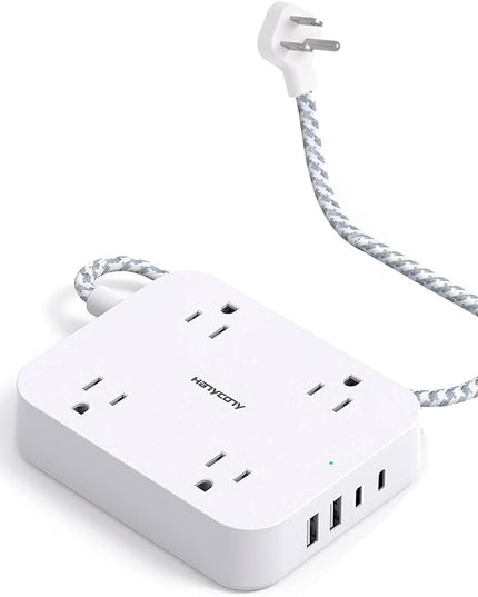1 Ft Flat Plug Extension Cord, HANYCONY Power Strip with 4 USB Ports(2 USB C), 4 Widely Outlets Extender, Wall Mount, Desk Charging Station for Office, Travel and Cruise Ship Essentials