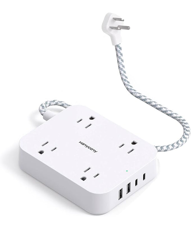 1 Ft Flat Plug Extension Cord, HANYCONY Power Strip with 4 USB Ports(2 USB C), 4 Widely Outlets Extender, Wall Mount, Desk Charging Station for Office, Travel and Cruise Ship Essentials