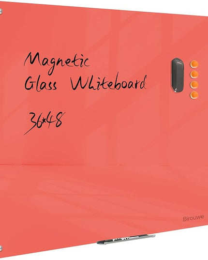 Magnetic Glass Dry Erase Board - White Board 48 x 36 Inch Wall Mounted Glass Whiteboard, Large Frameless Glass White Board for Wall Office, Home & School, Red