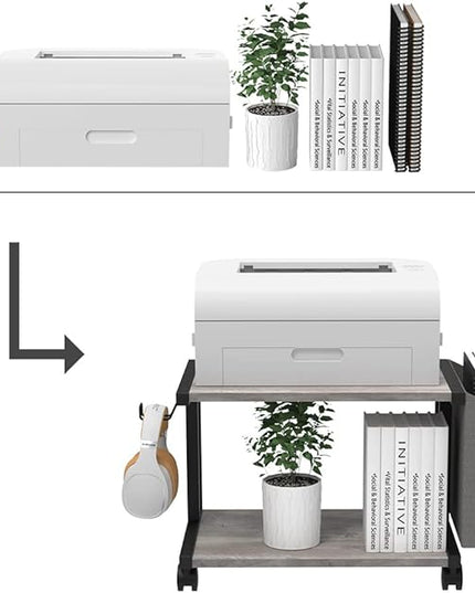 VEDECASA 2 Tier Vintage Greige Wooden Under Desk Printer Stand with Storage Bag for Home Office Desktop Printer Table Organizer Mobile Printer Shelf Cart with Caster Wheel