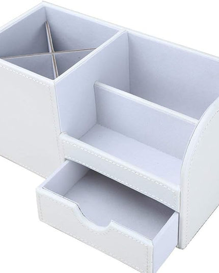 KINGFOM Desk Organizer Office Supplies Caddy Pu Leather Multi-function Storage Box Pen/Pencil,Cell phone, Business Name Cards Remote Control Holder with Small Drawer White