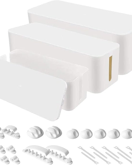 Cable Organizer Box Set of Three, Power Cover Cord Holder Surge Protector for Desk (White)