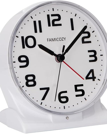 FAMICOZY Automatically Backlighted Alarm Clock,Silent No Ticking for Seniors Vision Impaired,Easy to Set,Big Numbers,Ascending Alarm,Gentle Wake,Snooze,2 AA Battery Operated,White