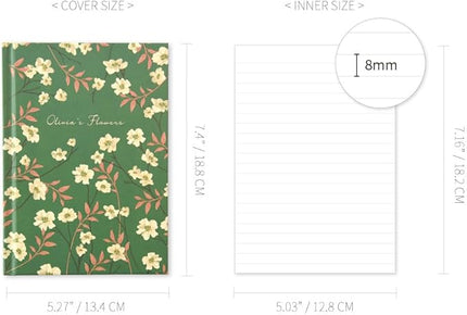 Monolike Olivia's Flowers Hardcover Lined Notebook, Green - Hardcover, Academic, Journal, Diary, 112pages